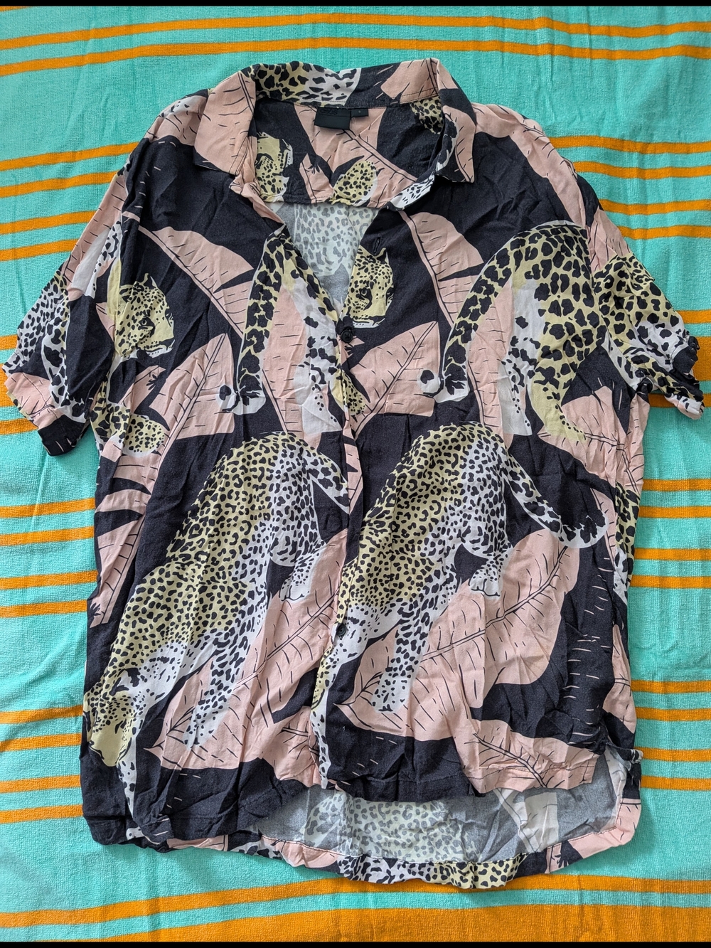 ASOS Leopard Print Short Sleeve Button-Down in Pink, Black, Cream